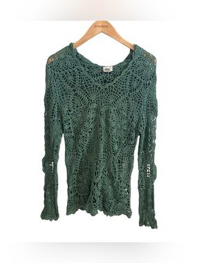 Serene Green Hooded Linen Cotton Blend Crochet Boho Coverup Top Size Small